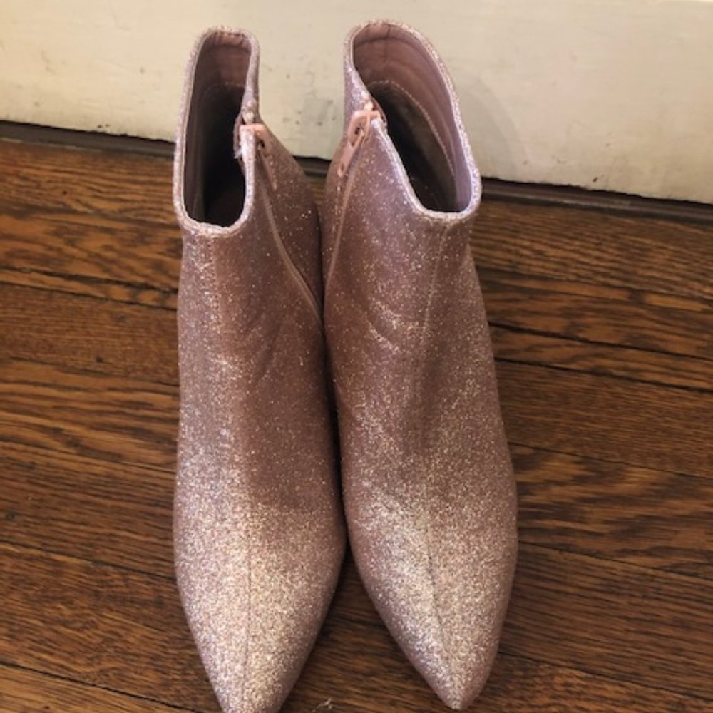 Allegra K Glitter Pointed Toe Chunky Heeled Ankle Boots